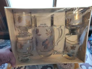 Vtg Libbey Frosted 6.  5 " Glass Gold Leaf Cocktail 25 Oz Lipped Mixer Box Set 5