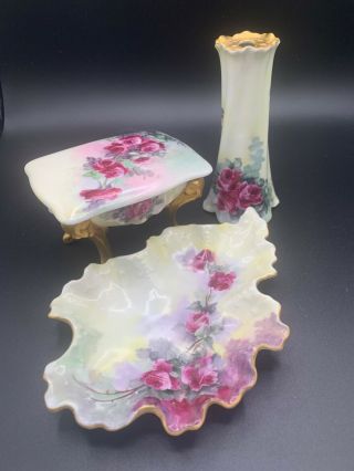 Vintage Porcelain Vanity Set [3] Floral Design Trinket & Pin Dish Hat Pin Holder