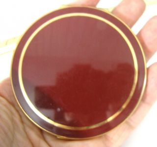 Vintage Stratton Enamel Compact Made In England Round Maroon Gold Tone Circle 3 "