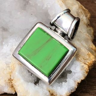 Vintage Lime Green Gaspeite 925 Sterling Silver Natural Stone Square Pendant