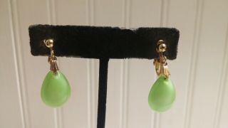 Vintage Goldtone Metal Green Glass Teardrop Bead Drop Dangle Clip - On Earrings