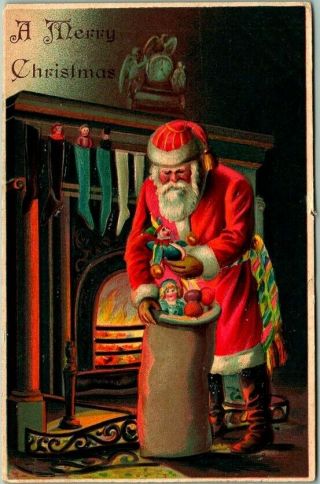 Vintage Christmas Embossed Postcard Santa Claus Bag Of Toys Fireplace - 1907