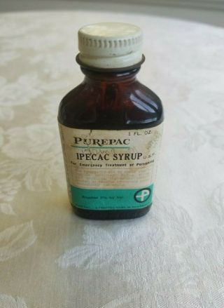 Vintage Brown Glass Medicine Bottle Purepac Ipecac Syrup 1 Oz.  - Almost Full