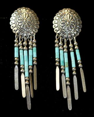 Southwestern Concho Turquoise Fringe Drop Earrings,  Ss,  Q.  T.  Quoc,  Vintage