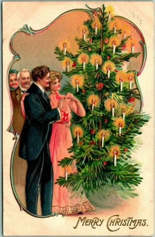 Vintage Christmas Embossed Postcard Couple Lighting Xmas Tree Candle 1910 Cancel
