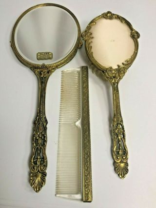 Vintage Globe Vanity Set 24kt Gold Plated Handheld Mirror Brush Comb Gemlite