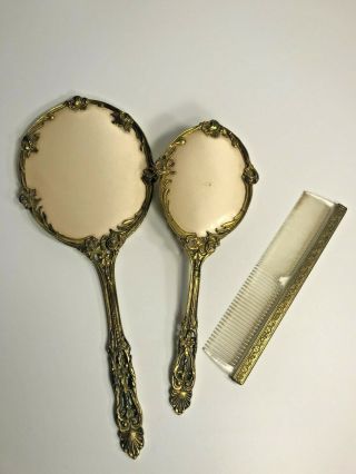 Vintage Globe Vanity Set 24KT Gold Plated Handheld Mirror Brush Comb GemLite 2