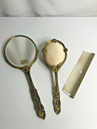Vintage Globe Vanity Set 24KT Gold Plated Handheld Mirror Brush Comb GemLite 3