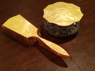 Vtg Art - Deco Pyrocel Glass Powder Jar & Hairbrush Yellow Iridescent Celluloid