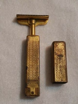 Vintage Schick Travel Folding Injector Shaving Razor Gold Metal With Blades