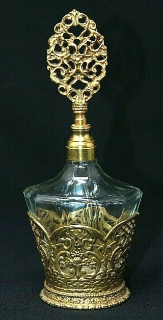 Vintage Ormolu Goldtone Filigree & Glass Perfume Bottle W/ Dauber Globe? 8 " Epoc