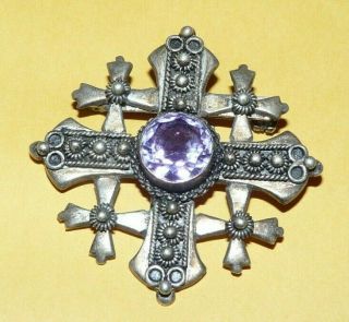 Vintage " 900 " Jerusalem Sterling Silver Amethyst Maltese Cross Pin Pendant 17.  6g