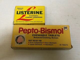 Vintage Listerine Antiseptic Throat Lozenges Box & Pepto - Bismol Tablets Vg