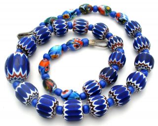 Blue Millefiori Glass Bead Necklace Venetian Murano 14 " Long Vintage Jewelry