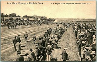 Vintage 1910s Massachusetts Postcard " Auto Racer Burning At Readville Track "