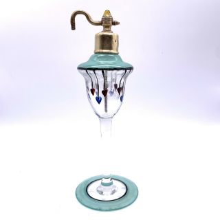 Vintage Art Deco Czech Bohemian Hand Painted Art Glass Perfume Atomizer 6.  75”h