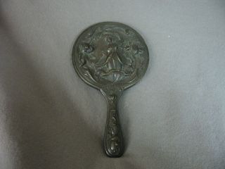 Vintage Art Nouveau Silver Plate Hand Held Mirror - Lady Emerging From Flower