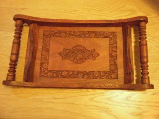 Vtg Hand Carved Wood Tray Floral Handled India 15 "