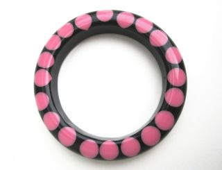Vtg Black W/ Injected Pink Polka Dots Plastic Resin Bangle Bracelet,  1/2 " W.  Euc