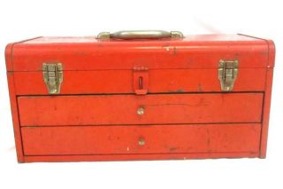Vintage Red Metal Tool Box With Inside Tray And 2 Drawers Safety Lock Handle