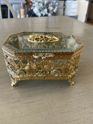 Vintage Footed Gold Ormolu Filigree Jewelry Casket Trinket Box Beveled Glass Lid