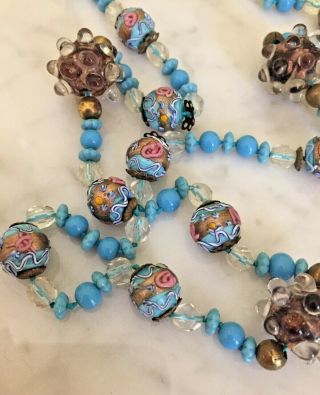 Vintage Murano Wedding Cake Venetian Art Glass Bead Necklace Robins Egg Blue 42 "