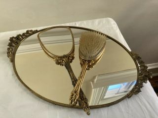 Vintage Gold Tone Ornate Hand Held Mirror & Brush Set W/ Oval Vanity Mirror Tray