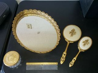 Vintage 5 Piece Matson 24k Gold Plated Vanity Mirror Tray Set Rose Quality Heavy
