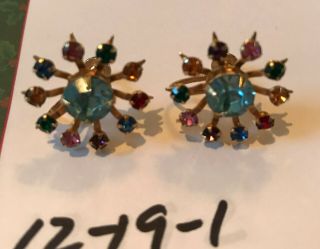 Vintage Unmarked Gold Tone Prong Set Multi Color Jewels Screw Back Earrings