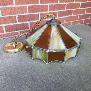 Vintage Tiffany Style Lead Hanging Ceiling Lamp Stained Glass Amber Green