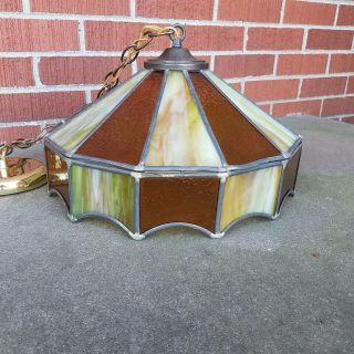 Vintage Tiffany Style Lead Hanging Ceiling Lamp Stained Glass Amber Green 2