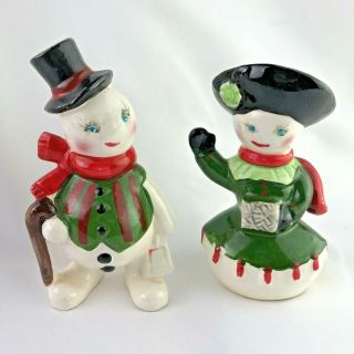 Vintage Christmas Kreiss Dapper Snowman And Woman Rhinestone Salt Pepper Shakers