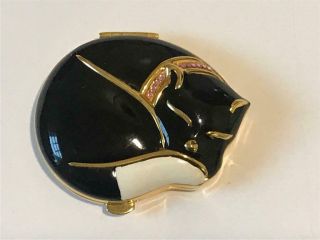 Vintage Estee Lauder Gold Black White Cat Powder Compact Pink Rhinestone Collar