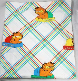 Vintage 1978 Garfield Twin Flat Bed Sheet Sleeping Cat Red Yellow GreenÂ Euc
