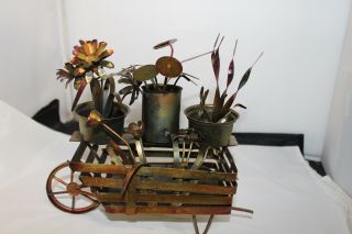 Vintage Tin Metal Sculpture Art Of Plant Garden Cart W/ Wheel Flowers Hong Kong