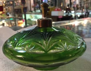 Vintage Irice Green Cut To Clear Glass Perfume Bottle Atomizer