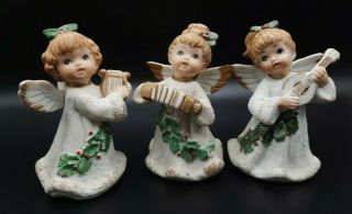 Vtg Set 3 Lefton Bisque Porcelain Christmas Singing Girl Angels With Instruments