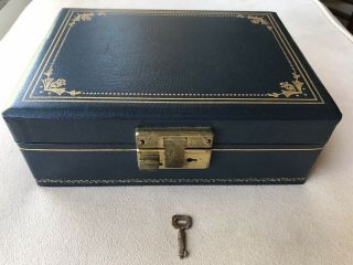 Vintage Mele Jewelry Box W/key 2 Tier Blue Velvet Interior Mid Century