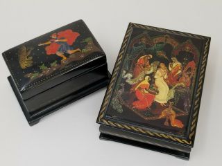 2 Vintage Russian Signed Black Lacquer Wooden Trinket Boxes Fairy Tales