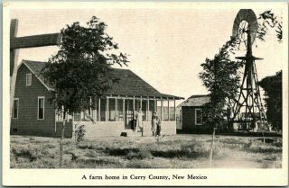 Vintage Mexico Postcard " A Farm Home In Curry County " Windmill Family C1940s