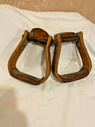 (2) Vintage Old West Roper Cowboy Stirrups Wood Metal Leather