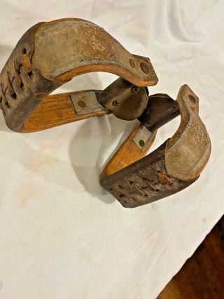 (2) Vintage Old West Roper Cowboy Stirrups Wood Metal Leather 2