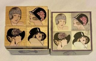 Fancy Hats Hero Arts Quatros Rubber Stamp Lot Wood Base Women In Vtg Retro Hats