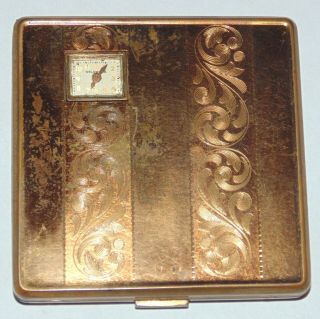 Vintage 1940s Illinois Watch Case Company Weldwood Cosmetic Compact W/ Blush