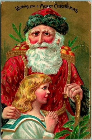 Vintage Christmas Postcard Santa Claus Carrying Basket Of Fruit W/ Praying Girl