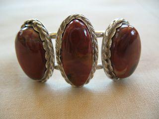 Vintage Native American 3 Stone Red Jasper & Sterling Silver Cuff Bracelet