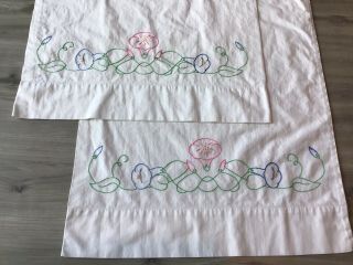 Vintage White Cotton Pillowcases Embroidered Pink & Blue Flowers