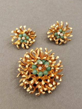Quality Vintage Set Brooches Earrings Green Stones Clear Rhinestones Gold Tone
