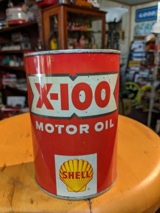 Vintage Shell X - 100 Motor Oil 1 Quart Red All Metal Can