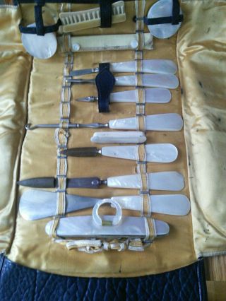 Vintage Mother Of Pearl Manicure 12 Piece Set With Leather Case